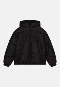 Schwarze Daunenjacke mit Kapuze, ausgestattet mit einem durchgehenden Reißverschluss, elastischen Bündchen und einem gesteppten Muster. Kleines Logo auf der Brust. Aus glänzendem Material gefertigt.