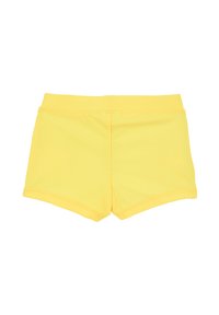 Bañadores amarillos con una textura suave. Presentan una cintura ajustada y un largo corto, líneas limpias y sin herrajes o patrones visibles.