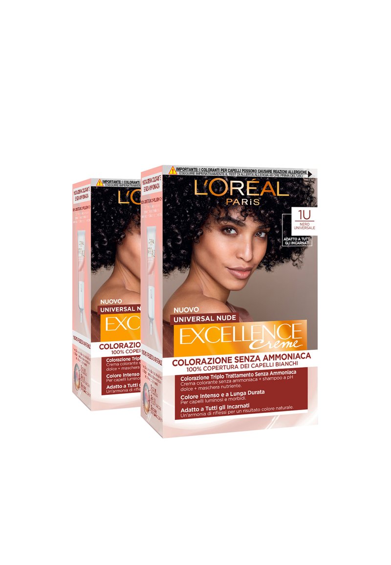 L'Oréal Paris - L'ORÉAL PARIS COLORAZIONE PERMANENTE EXCELLENCE UNIVERSAL NUDE SENZA AMMONIACA CON RIFLESSO UNIVERSALE ADATTO A TUTTI GLI INCARNATI COLORE INTENSO A LUNGA TENUTA - 2 PACK - Lacca per capelli - nude nero u, Ingrandire