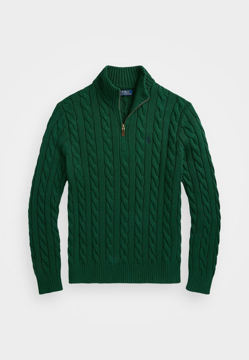 Pull vert foncé en maille torsadée avec col à demi-fermeture éclair, poignets et ourlet côtelés, posé à plat sur fond blanc.