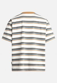 Striped T-shirt with a crew neck, featuring horizontal lines in black, blue, and rust on a white background; cotton material.