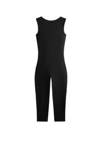 Salopetă neagră fără mâneci, cu un design ajustat, până la genunchi, textură netedă, fără închideri sau embellishementuri vizibile.