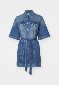 Denim dress with short sleeves, two chest pockets, button closures, a waist tie, and a slightly flared skirt. Light blue color with fading details.