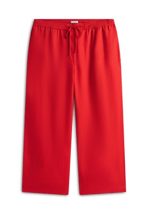 Κόκκινο παντελόνι με φαρδιά γραμμή, ελαστική μέση και ρυθμιζόμενο κορδόνι. Λείο ύφασμα και μονόχρωμο, χωρίς ορατά σχέδια ή διακοσμητικά στοιχεία.