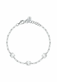 Bracciale in argento con tre cristalli trasparenti rotondi, alternati a maglie allungate e chiusura a moschettone. Lunghezza regolabile con etichetta.