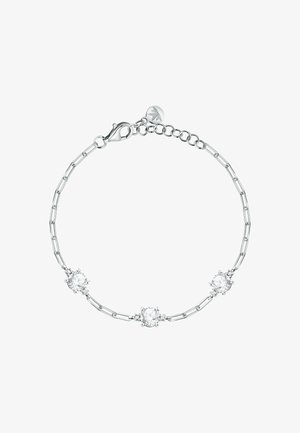 Bracciale in argento con tre cristalli trasparenti rotondi, alternati a maglie allungate e chiusura a moschettone. Lunghezza regolabile con etichetta.