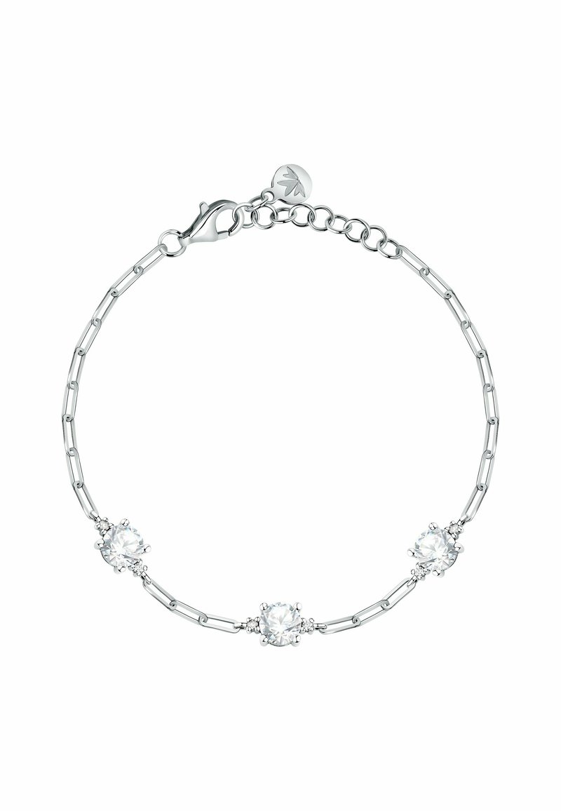 Bracciale in argento con tre cristalli trasparenti rotondi, alternati a maglie allungate e chiusura a moschettone. Lunghezza regolabile con etichetta.