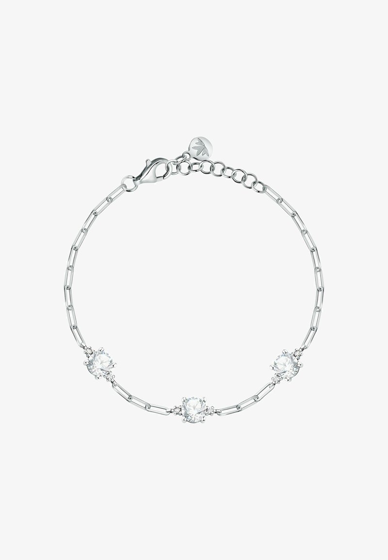 Bracciale in argento con tre cristalli trasparenti rotondi, alternati a maglie allungate e chiusura a moschettone. Lunghezza regolabile con etichetta.