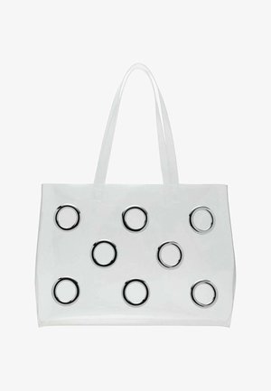Borsa tote in plastica trasparente con due manici chiari, caratterizzata da nove accenti metallici circolari disposti in un motivo a griglia nella parte anteriore.