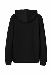 Černá mikina s kapucí z pohledu zezadu, s dlouhými rukávy, žebrovanými manžetami a kapucí, na jednoduchém bílém pozadí.