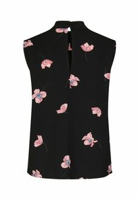 Czarny top bez rękawów z różowymi kwiatowymi wzorami o jasnoniebieskich środkach. Tył z rozcięciem i zapięciem na guzik przy szyi. Gładka tkanina.