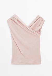Lys pink ærmeløs top med V-udskæring og draperede stofdetaljer. Fremstillet af blødt, tekstureret materiale med en tætsiddende silhuet.