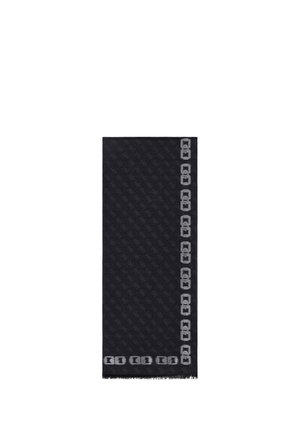 Écharpe rectangulaire sombre avec un motif subtil répétitif et une bordure ornée de motifs de chaînes liées en gris clair.