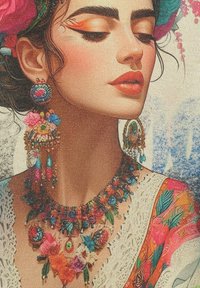 Un retrato de una mujer con cabello oscuro adornado con flores rosas, que lleva joyas coloridas, con intrincados patrones y texturas florales.