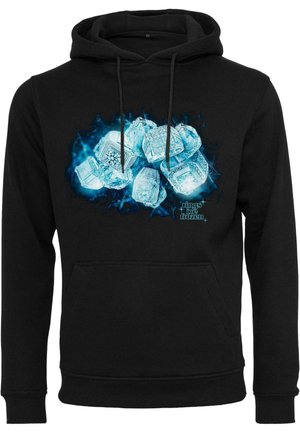 Zwarte hoodie van zachte stof met een grafisch ontwerp van bevroren ringen in blauwe tinten. Bevat een buidelzak en een capuchon met trekkoord.