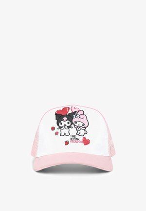 Cappellino rosa e bianco con personaggi dei cartoni animati, cuori, fragole e testo a tema amicizia sul pannello frontale.