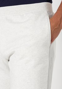 Hellgraue Baumwoll-Jogginghosen mit breitem elastischem Bund, Seitentaschen und einem dezenten Logo am linken Bein. Glatt strukturierter Stoff.