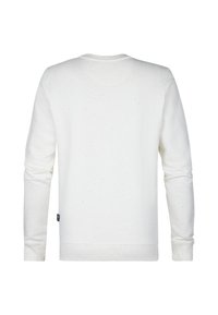 White sweatshirt with a speckled texture, ribbed cuffs and hem, round neckline, and a small tag on the lower side. Back view displayed.