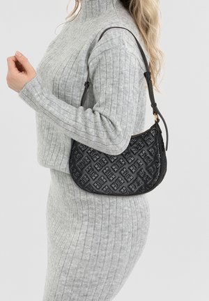 Black embossed shoulder bag with a curved shape, textured design, and a single adjustable strap. Material appears smooth and durable.