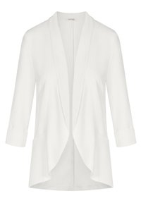 Vit kavaj med öppen framsida och trekvarts ärmar, med en draperad design, mjukt tyg och två framfickor. Slät struktur genom hela plagget.