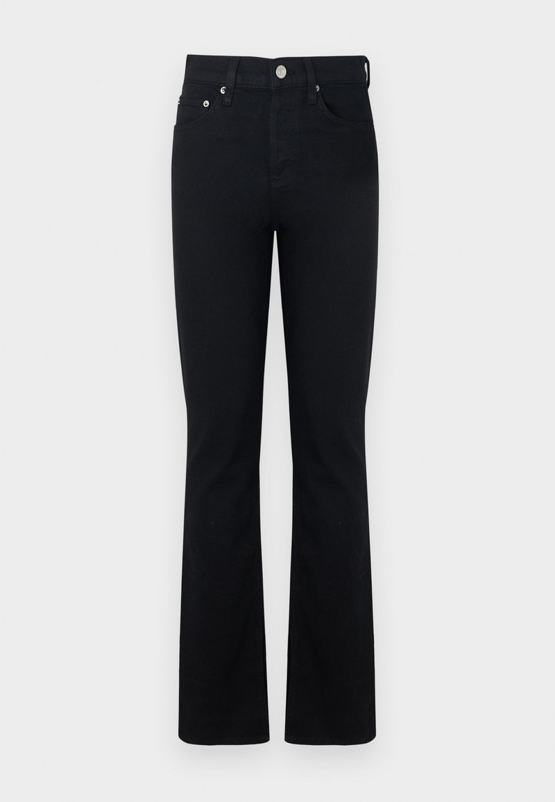 Jean évasé en denim noir avec une coupe classique à cinq poches, doté d'une fermeture à bouton frontale et de détails de couture subtils.