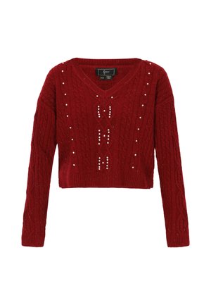Maglione lavorato a maglia rosso con un design corto, scollo a V e motivo a trecce. Accentuato con perline bianche disposte in un motivo geometrico.