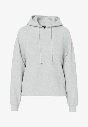 Gray hoodie with a spacious fit, long sleeves, and a drawstring hood. Fabric appears soft with a subtle texture and no visible patterns or accents.