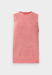 Αμάνικο πλεκτό τοπ σε ροζ και λευκούς τόνους. Διαθέτει οριζόντιες και κατακόρυφες ρίγες με ριμπ λαιμόκοψη και τελείωμα. Υφασμάτινη υφή.