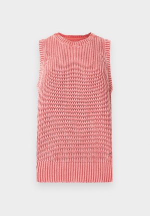 Mouwloos gebreid topje in roze- en wittinten. Voorzien van horizontale en verticale strepen met een geribde halslijn en zoom. Geweven stof met structuur.