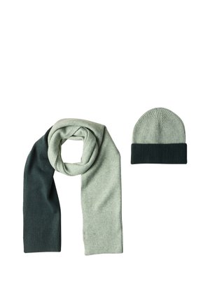 Écharpe tricot bicolore et bonnet assorti, tous deux en gris clair et vert foncé, sur fond blanc.