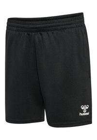 Pantaloni sportivi neri realizzati in tessuto testurizzato con cintura elastica, dotati di un logo bianco sul lato sinistro inferiore.