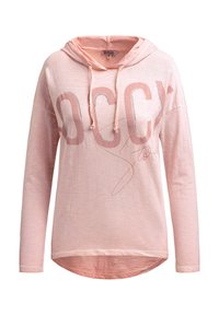 Rosa Langarm-Hoodie aus weichem Stoff mit großem, hellrosa Grafikdruck und silbernen Akzenten. Verfügt über eine Kapuze mit Kordelzug.