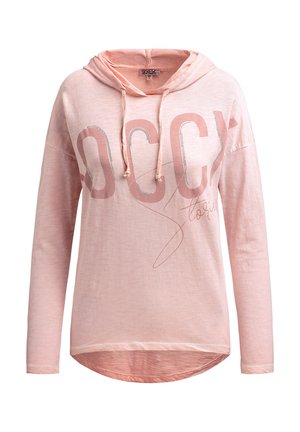 Pink, long-sleeve hoodie made of soft fabric featuring a large, light pink graphic and silver accents. Includes a drawstring hood.
