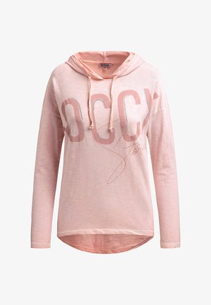 Rosa Langarm-Hoodie aus weichem Stoff mit großem, hellrosa Grafikdruck und silbernen Akzenten. Verfügt über eine Kapuze mit Kordelzug.