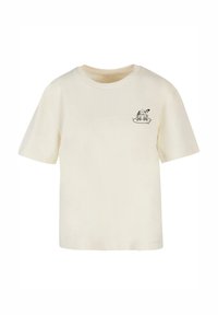Cream-colored cotton t-shirt with short sleeves, a round neckline, and a black cartoon graphic on the left chest.