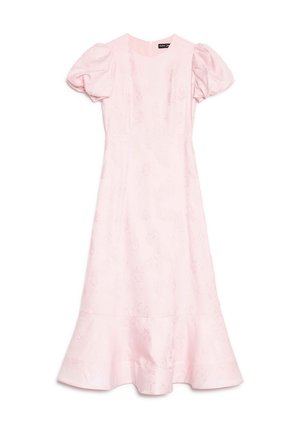 Vestido midi rosa claro con mangas abullonadas, escote redondo, patrón floral de jacquard y dobladillo acampanado.