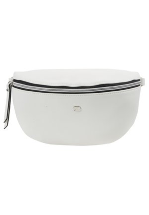 Bela usnjena torbica za pas s srebrnim zadrgo in majhnim kovinskim logotipom na sprednji strani, z usnjenim potegom zadrge.