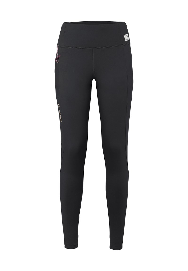 Schwarze Sportleggings mit hohem Bund, hergestellt aus elastischem Material. Verfügt über eine Seitentasche und kontrastierende Nähte.