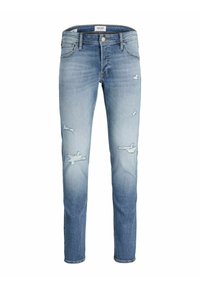 Jeans de mezclilla azul claro con un ajuste slim, que presentan áreas desgastadas, secciones descoloridas y un diseño clásico de cinco bolsillos.
