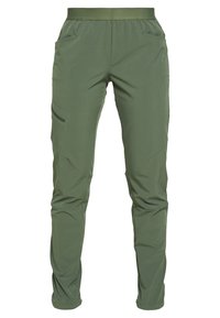 Olijfgroene, lichte cargo pants met een elastische tailleband, twee voorzakken en een zijzak voor opbergruimte. Gemaakt van gladde, duurzame stof.