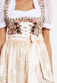 Vestito tradizionale dirndl con corsetto floreale in rosa e verde, maniche in pizzo bianco e gonna beige decorata con ricami dorati.