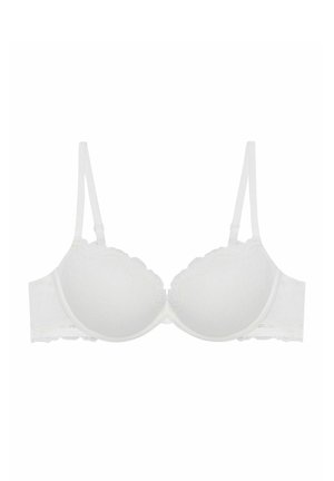 Biały stanik z wypełnieniem, wykończony falbanką z koronką, gładki materiał, regulowane ramiączka i zapięcie na haftkę z tyłu.