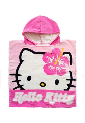 Pink hooded towel featuring Hello Kitty face with a pink hibiscus flower and "Hello Kitty" text at the bottom.