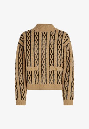 Gehaakte trui in tan en zwart, met een gemêleerd patroon van gevlochten lijnen, twee voorzakken en gouden knoopaccenten op de schouder.