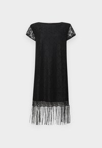 Melna mežģīņu kleita ar īsām piedurknēm, brīva piegriezuma un ar bārkstīm apakšmalā. Rakstā redzams ziedu ornaments un vienmērīga tekstūra visā kleitā.