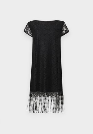 Sort blonderkjole med korte ærmer, en afslappet pasform og en frynset kant. Har et blomsterprint og glat tekstur hele vejen igennem.