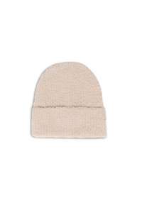 Beanie in pile di colore beige chiaro, con la parte superiore arrotondata e un orlo arrotolato. Texture morbida con una finitura liscia e senza motivi o accessori visibili.