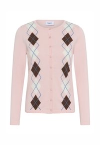 Helles rosa Strickjacke mit mehrfarbigem Argyle-Muster in Weiß, Braun und Blau. Sie hat einen Rundhalsausschnitt und eine Knopfleiste vorne.