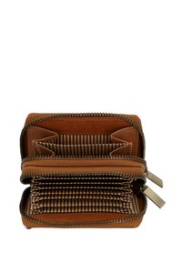 Brown leather wallet featuring a zip closure, multiple card slots, and a striped interior lining. Compact design with textured finish.
