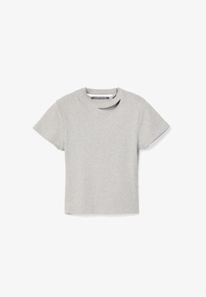 T-shirt grigio chiaro a maniche corte con un piccolo dettaglio a ritaglio vicino al colletto e etichetta "CAMPERLAB" all'interno della scollatura.